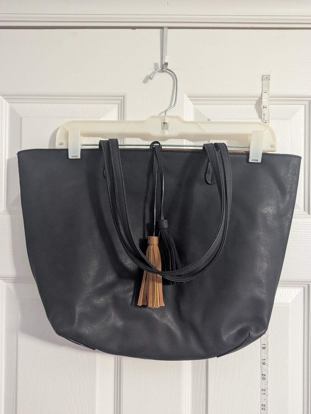 Black/Brown Reversible Tote Bag with Tassel Accent